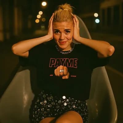 AI generated video: The girl holds her head with both hands and shakes it from side to side, smiling. In the background ...