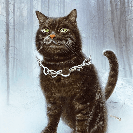 AI generated: cat wearing armor that looks like an old man, the old man is walking with a long chains, in the back...