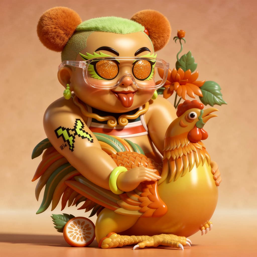 AI generated: Create a hyper-stylized 3D vinyl art toy inspired by Vietnamese folk illustration of a child riding ...