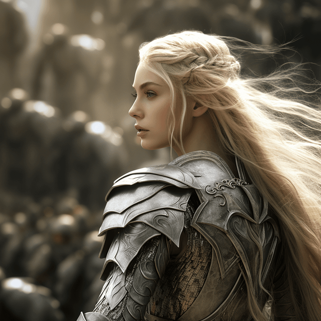 AI generated: elf on a battle post as Galadriel, The Lord of the Rings: Rings of Power, armor, closeup, realistic