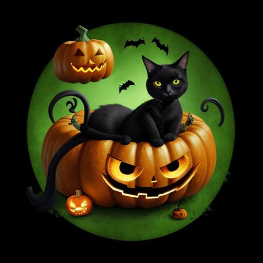 AI generated: black cat inside a pumpkin, green eyes, cute look, charming and adorable look, halloween style, back...