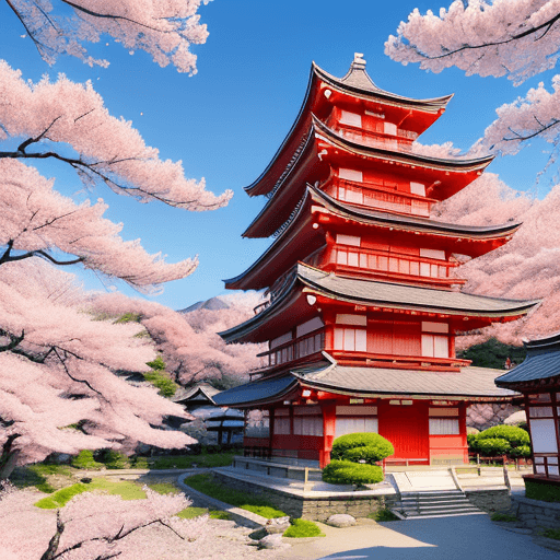 AI generated: adult coloring page, a traditional pagoda surrounded by blooming cherry trees, in the style of terra...