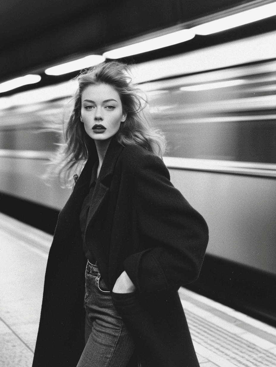 AI generated: A black and white photograph of a French female model standing on a subway station, posing with one ...
