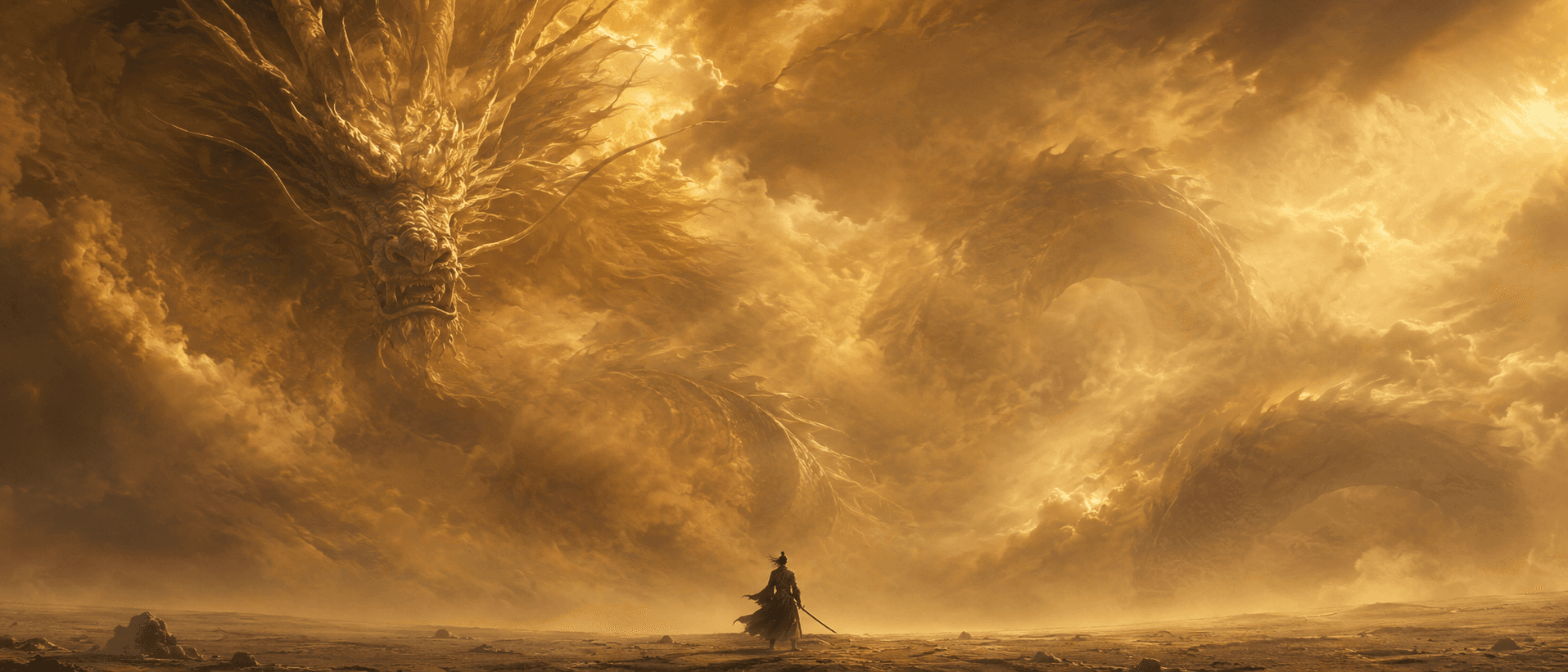 AI generated: Lone black-robed wuxia swordsman viewed from behind, standing still on a barren desert plain, tiny s...