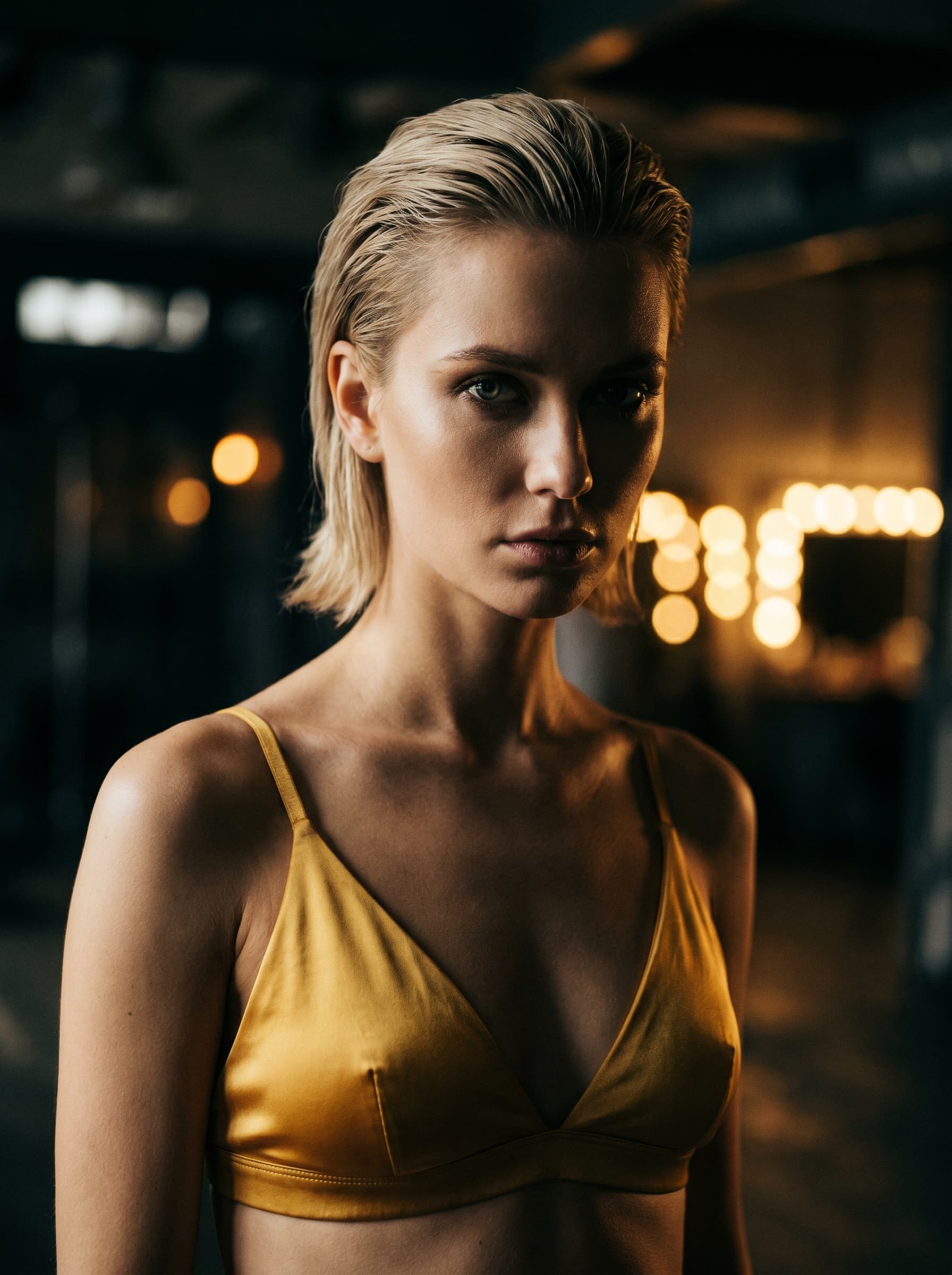 AI generated: (Nano Banana Pro) A high-fashion, cinematic editorial portrait of a woman with short, slicked-back b...