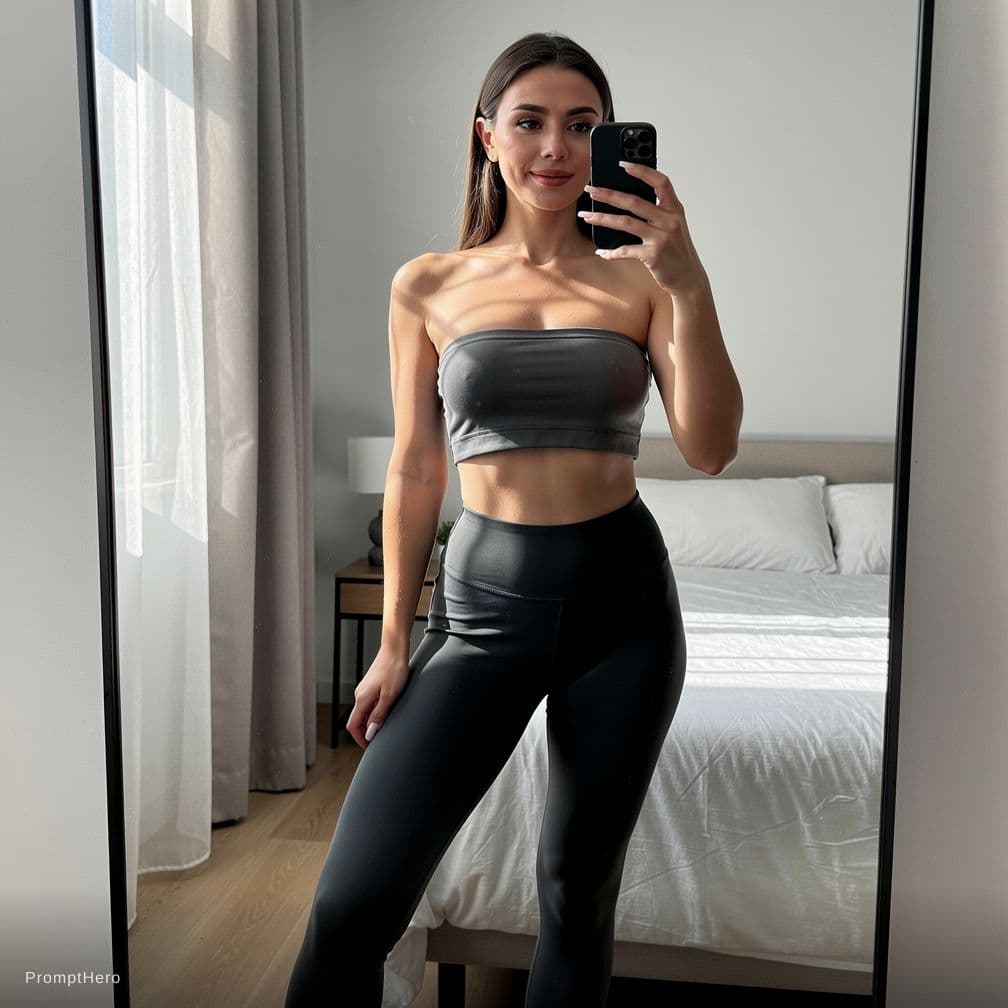 AI generated: Use the girl on the photo as a reference. the girl takes a photo with her phone of herself in the mi...