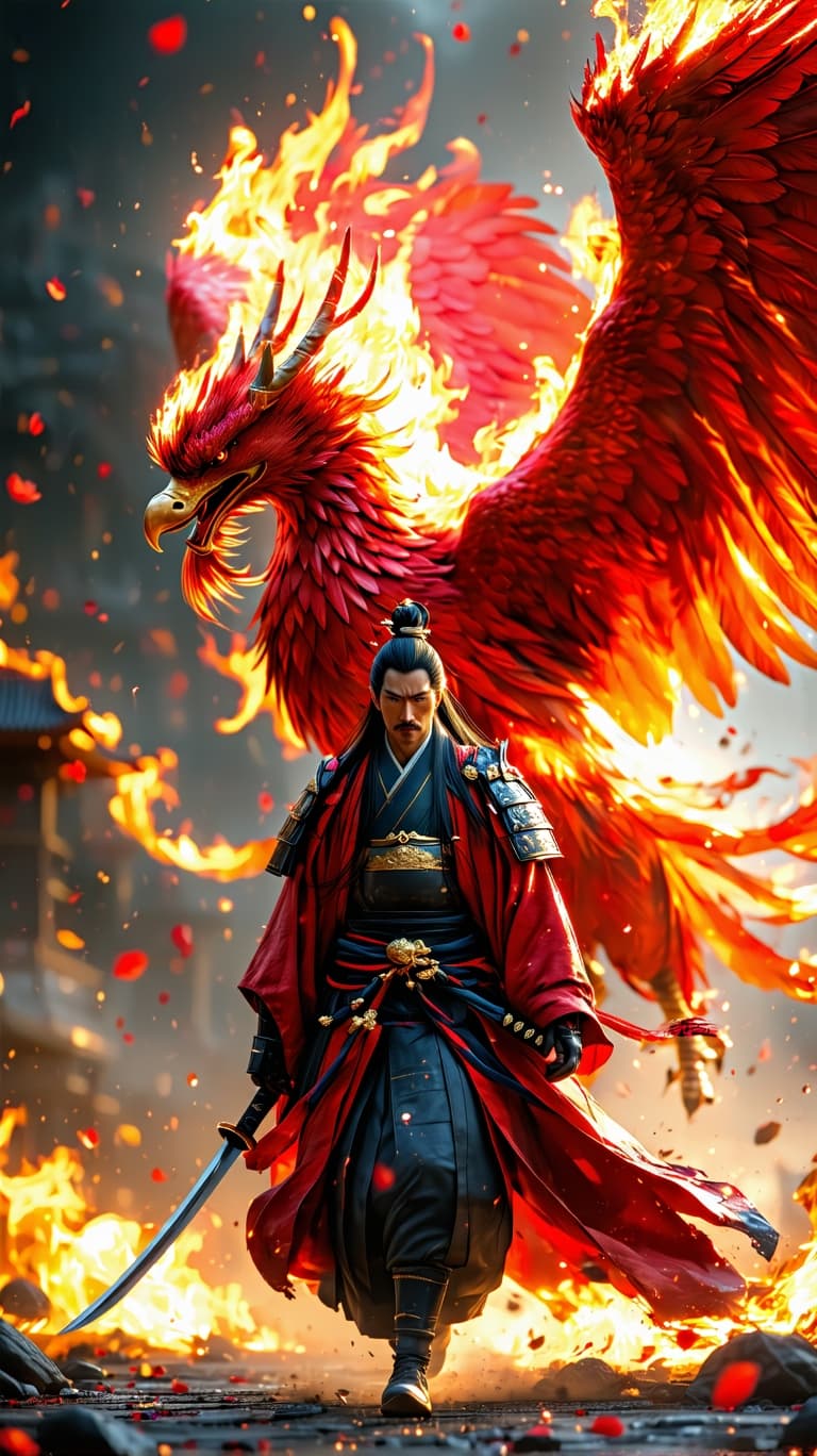 AI generated: 3D render hyper-realism, Ray tracing, unreal engine 5. A regal Japanese samurai with long black flow...