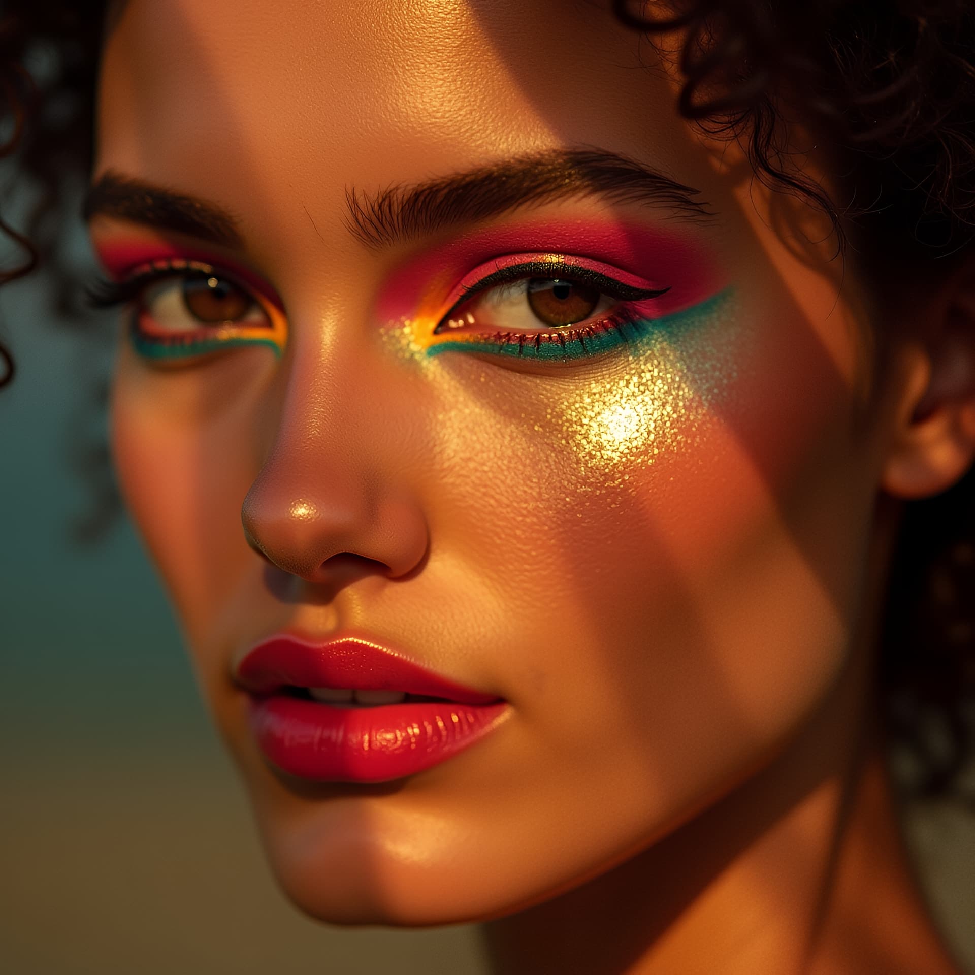 AI generated: editorial beauty close-up of a 25-year-old Italian model with vivid orange lipstick, graphic two-ton...
