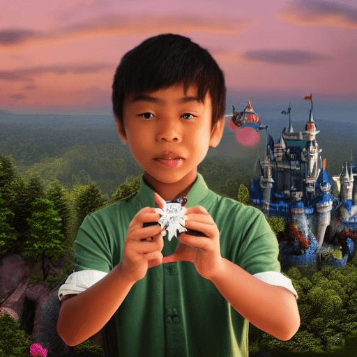 AI generated: The boy is visible from the waist up. The boy is holding in his hands a miniature flying magic castl...
