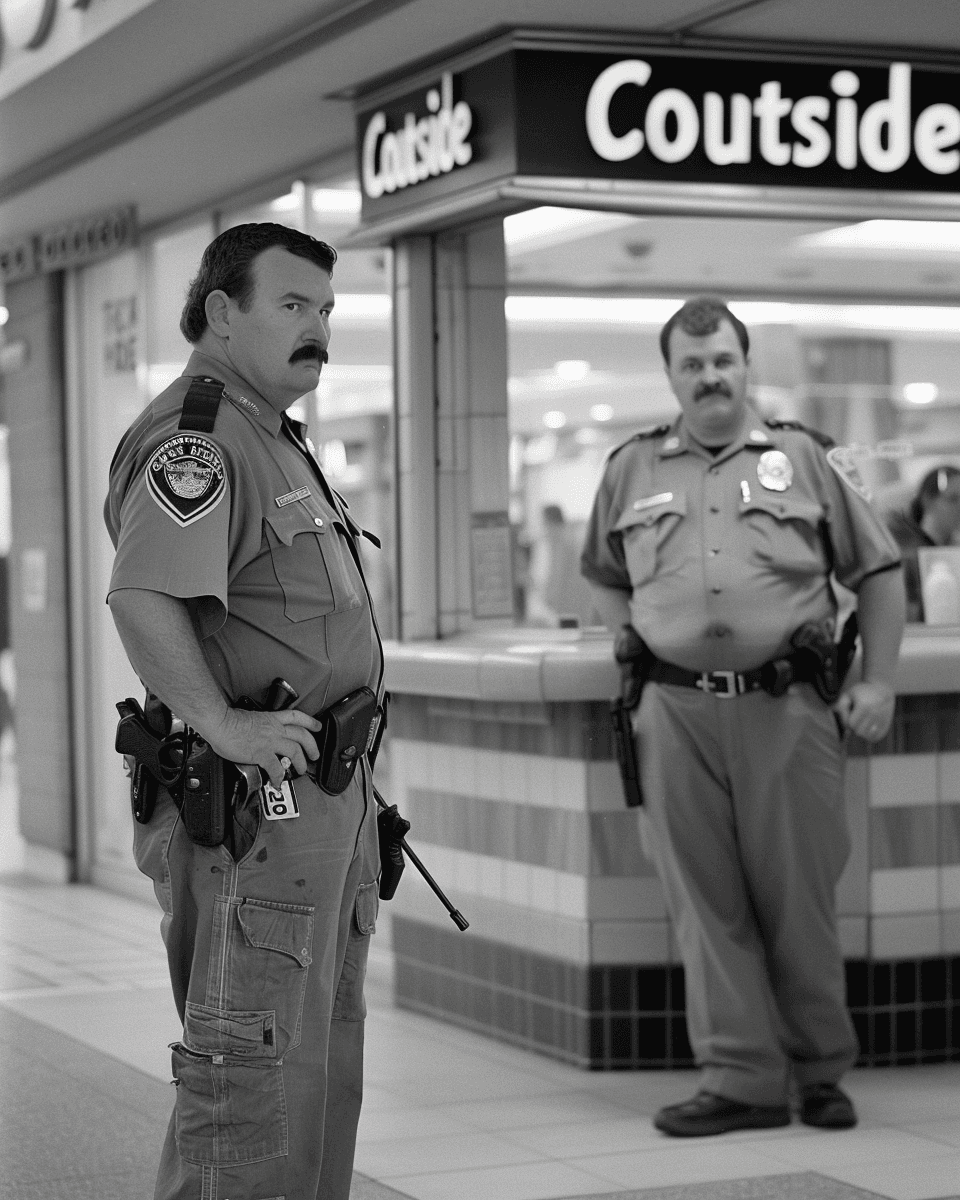 AI generated: A black and white photo of two police officers standing in front of the entrance to an American shop...