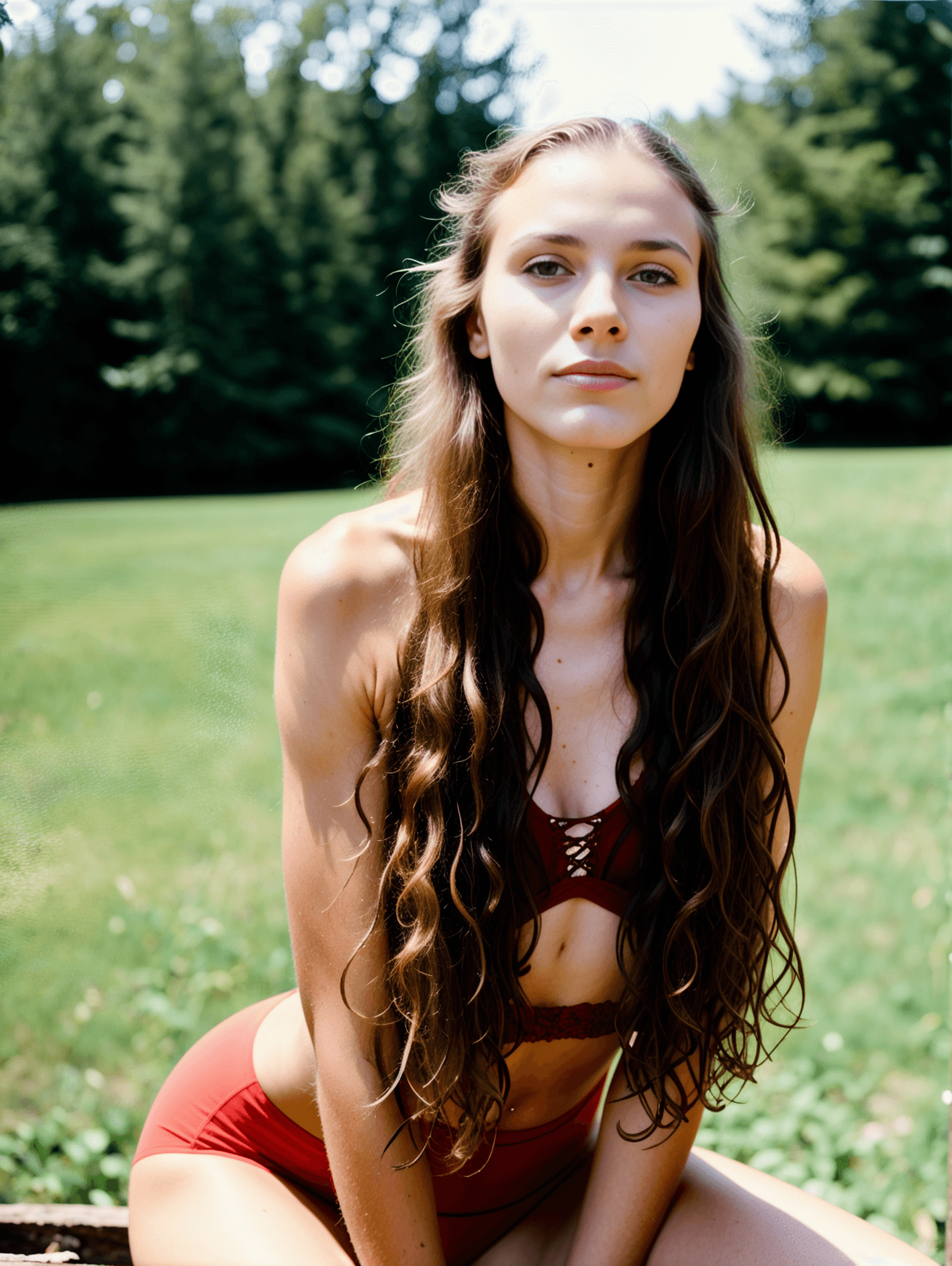 AI generated: analog film photo twenty-something years old long_hair brunette_hair caucasian russian slender posin...