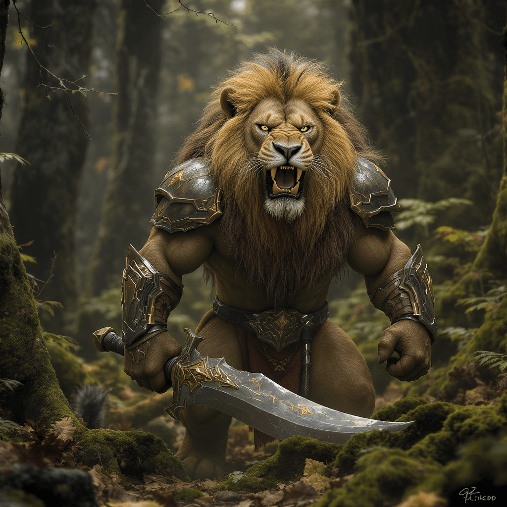 AI generated: In a forest, there is a fierce-looking Lion Warrior character, anthropomorphic figure, fantasy, D&D,...