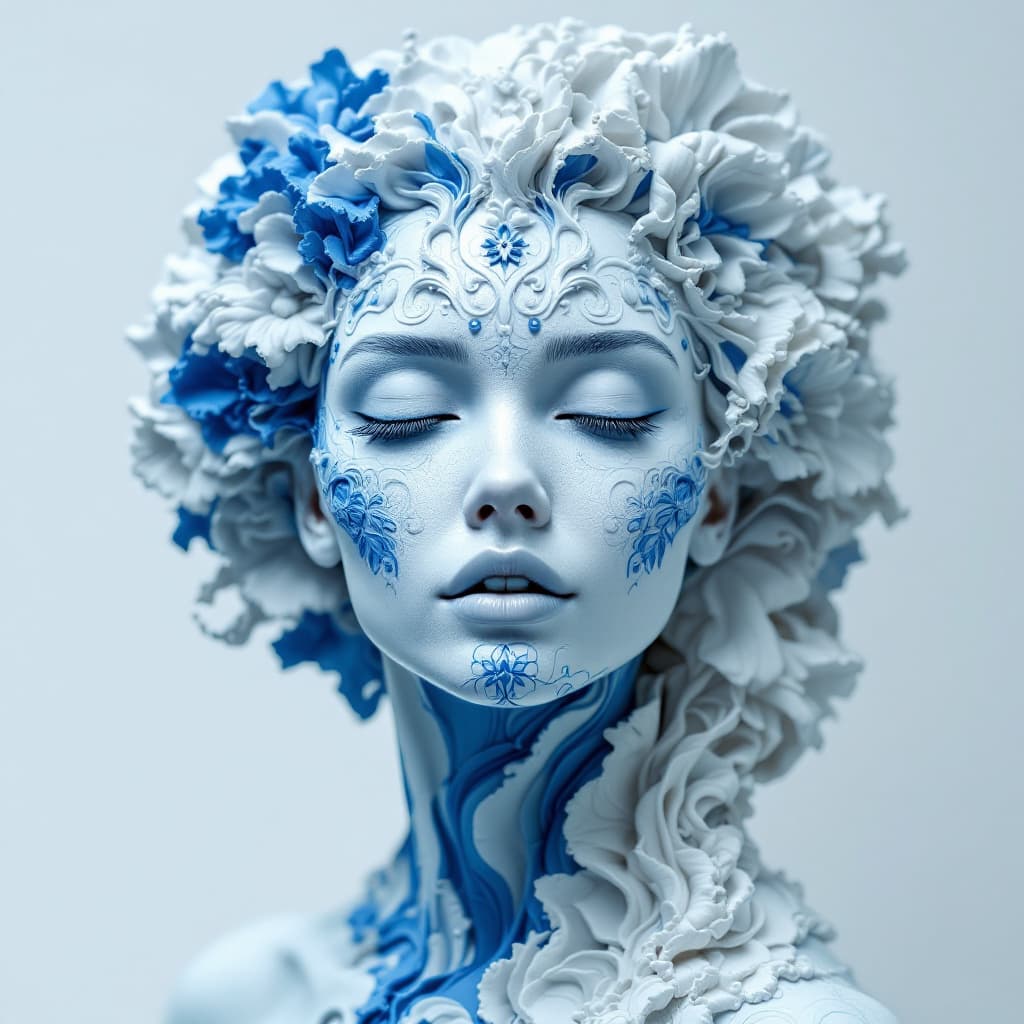 AI generated: a woman made out of porcelain, in the style of balanced symmetry, white and blue, detailed facial fe...