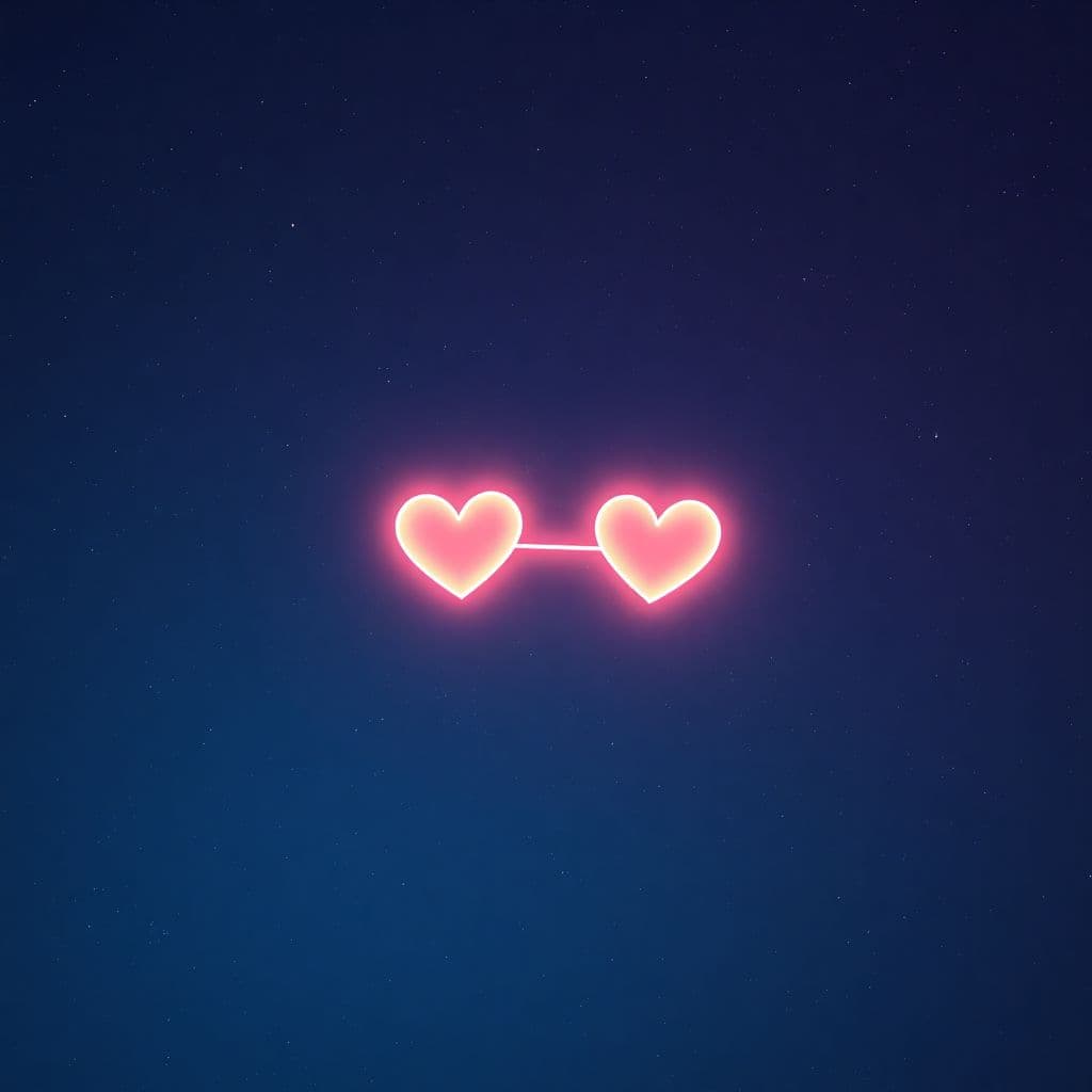 AI generated: Two small stylized glowing hearts floating in deep space, connected by a radiant band of light, surr...