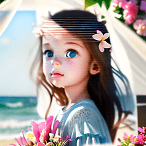 AI generated: girl ocean daylight indirect lighting 
AD magazine romantic girl flowers and childreen girl 
