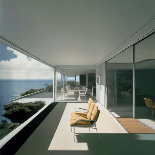 AI generated: Hyper realistic eye level exterior photo of a mid century modern style house overlooking the ocean, ...