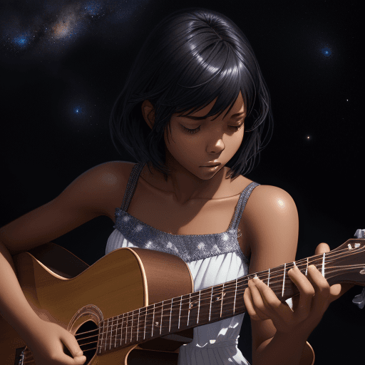 AI generated: a black boy playing a guitar, beautiful girl in a dress made of milky way, full shot, atmospheric li...