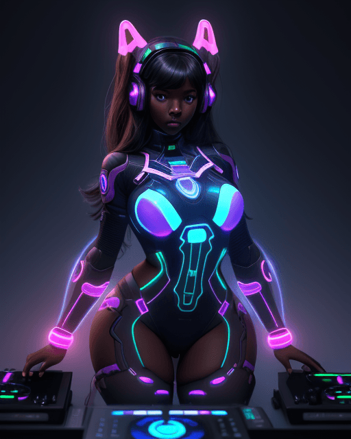 AI generated: dark skin, bioluminescence, adult, D.va, thick thighs, chest, futuristic tech, hypnotic, DJ