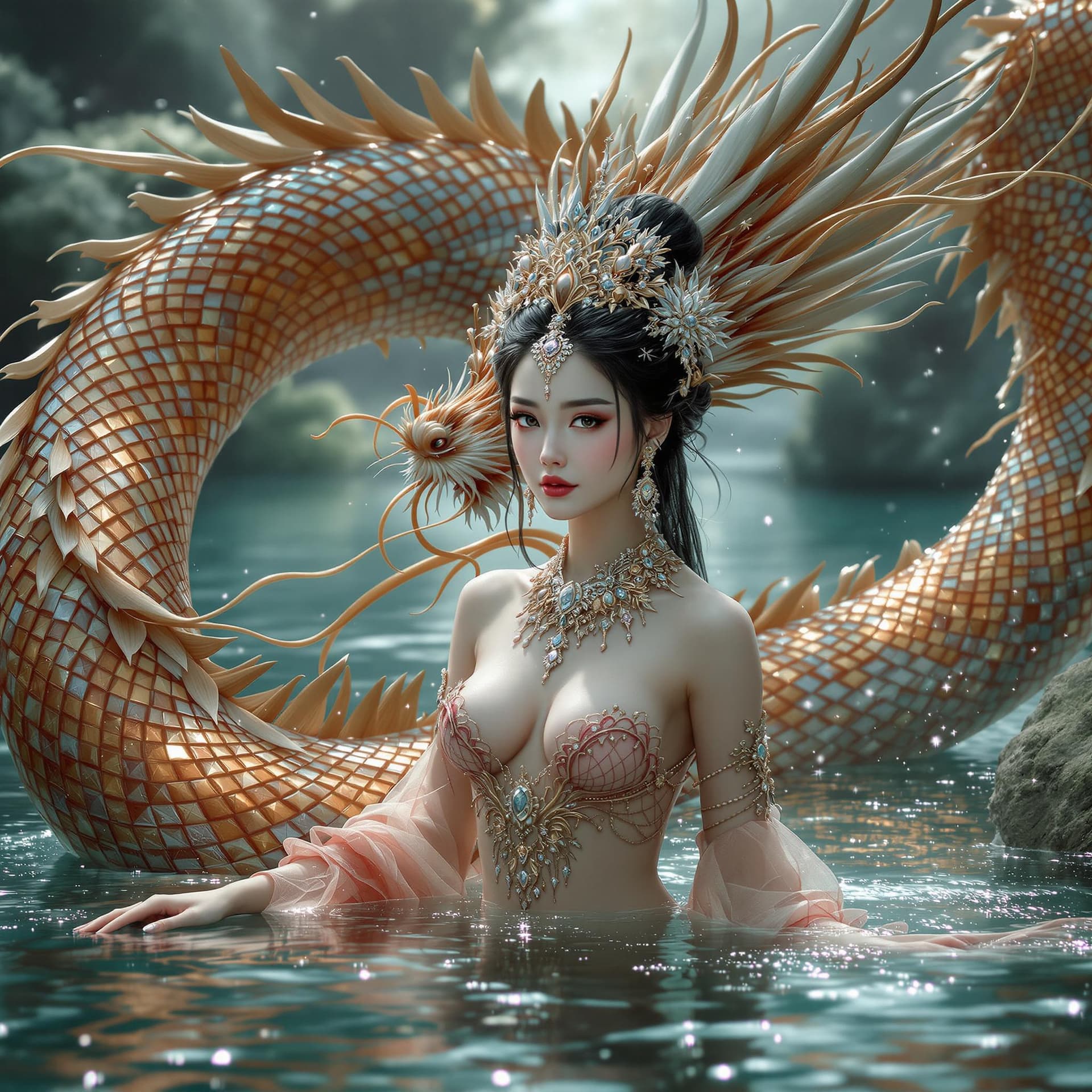AI generated: a full wide photo shot of a woman princess with minimal wearing and intricate jewelry standing in th...