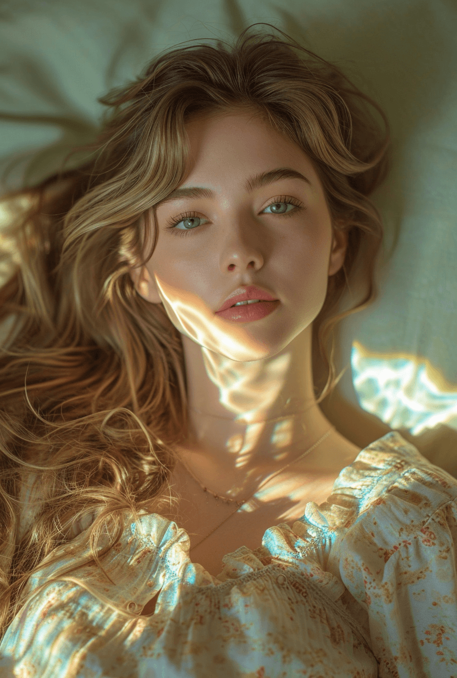 AI generated: a woman with long hair laying in bed, in the style of yigal ozeri, anamorphic lens flare, bella kota...