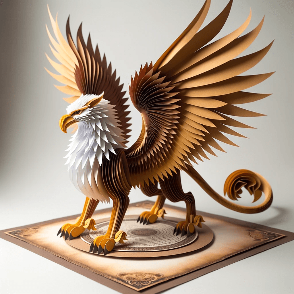AI generated: A photo of a pop-up paper sculpture of a mythical griffin, designed with golden and brown papers. Th...