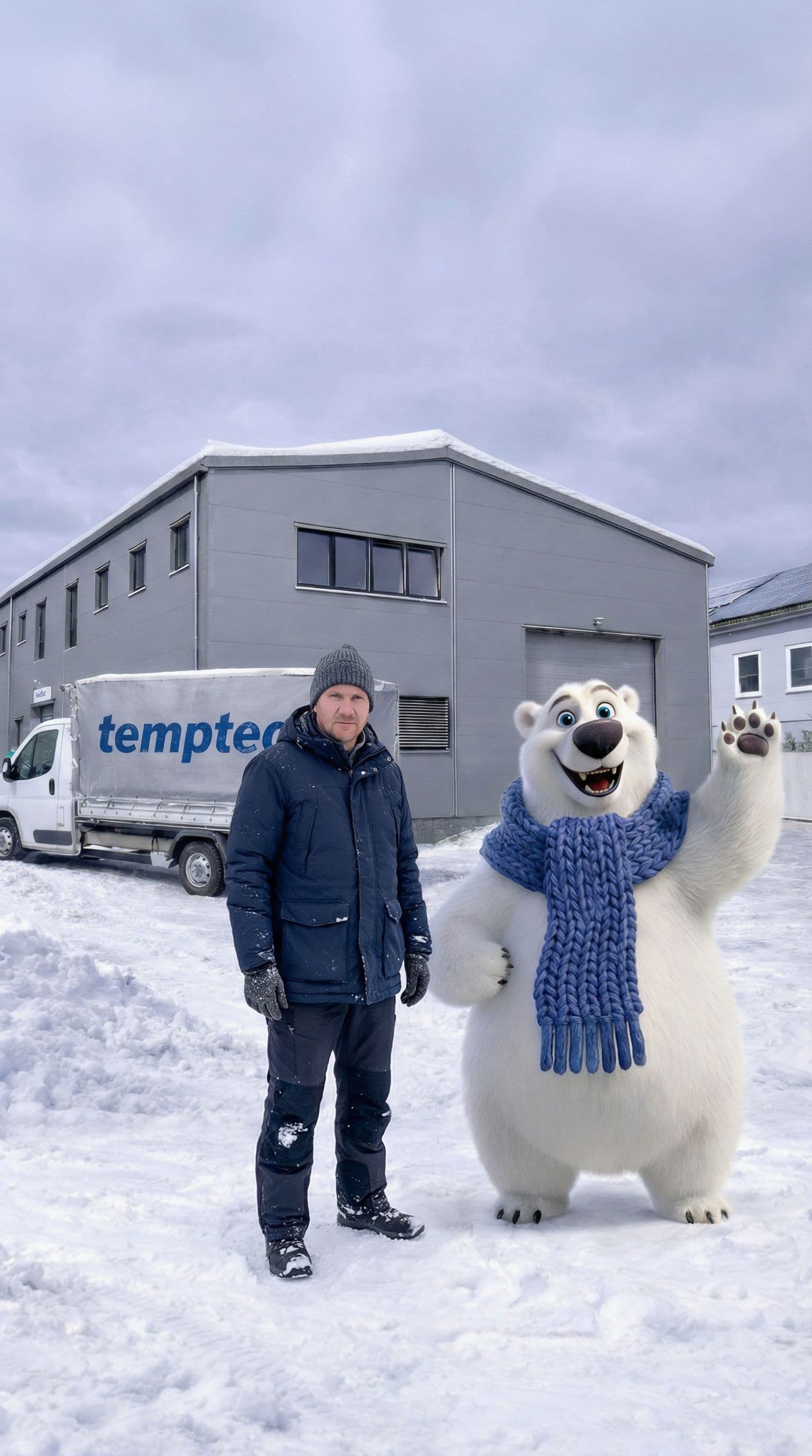 AI generated: I will stand on the left side of the ice bear. Please clothes from Winter. 