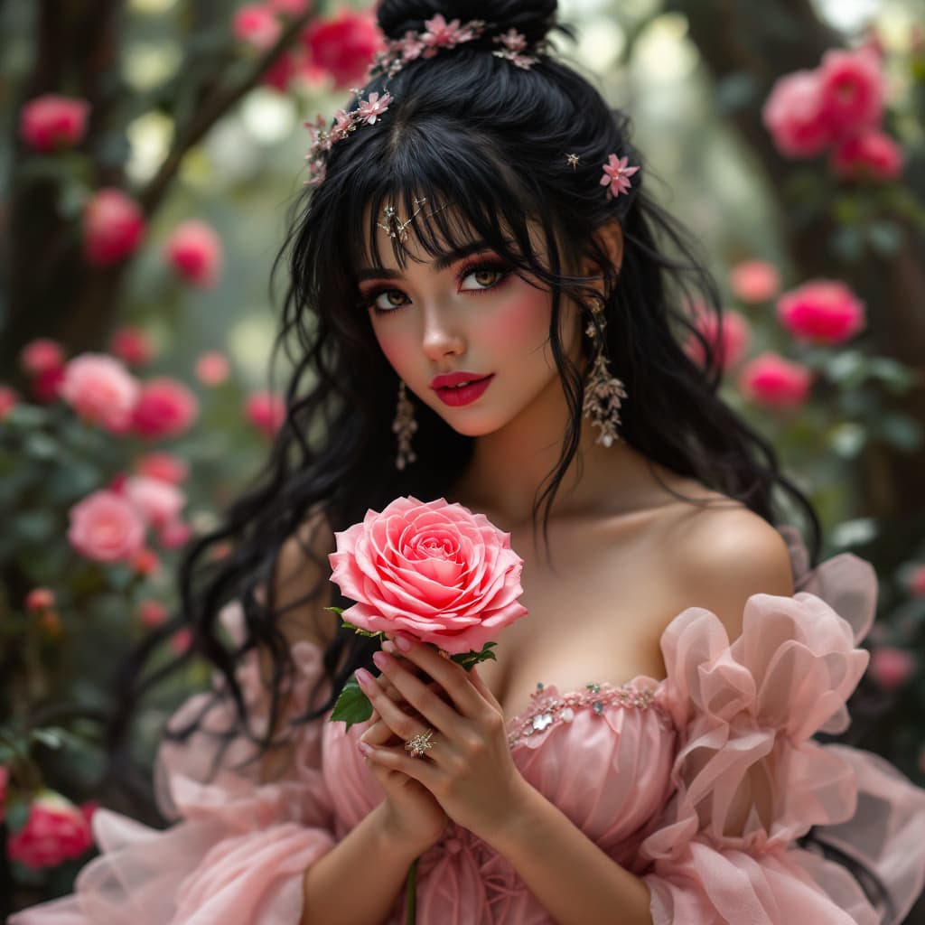 AI generated: a black fairy tail hold a pink rose with background fantasy