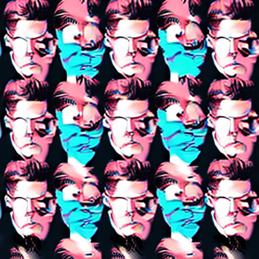AI generated: digital portrait of a confident male, drawn in bold shades of pink and soft blue against a dark navy...