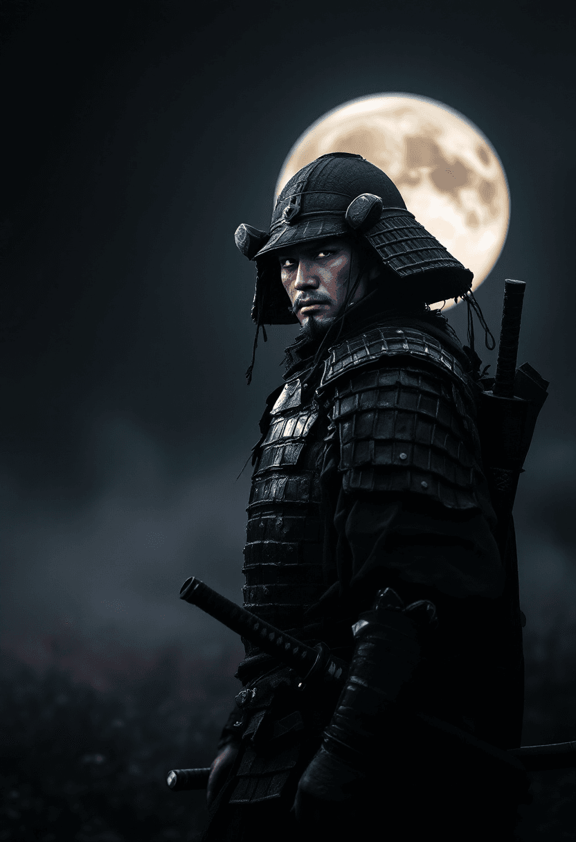 AI generated: ultra realistic traditional samurai warrior, 3/4 body, detailed worn japanese armor, rounded kabuto ...