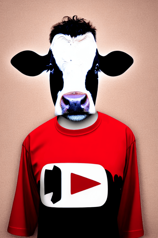 AI generated: portrait of a cow dressed as a red youtube logo t-shirt and hip-hop collar, hyper-realistic, ultra-d...