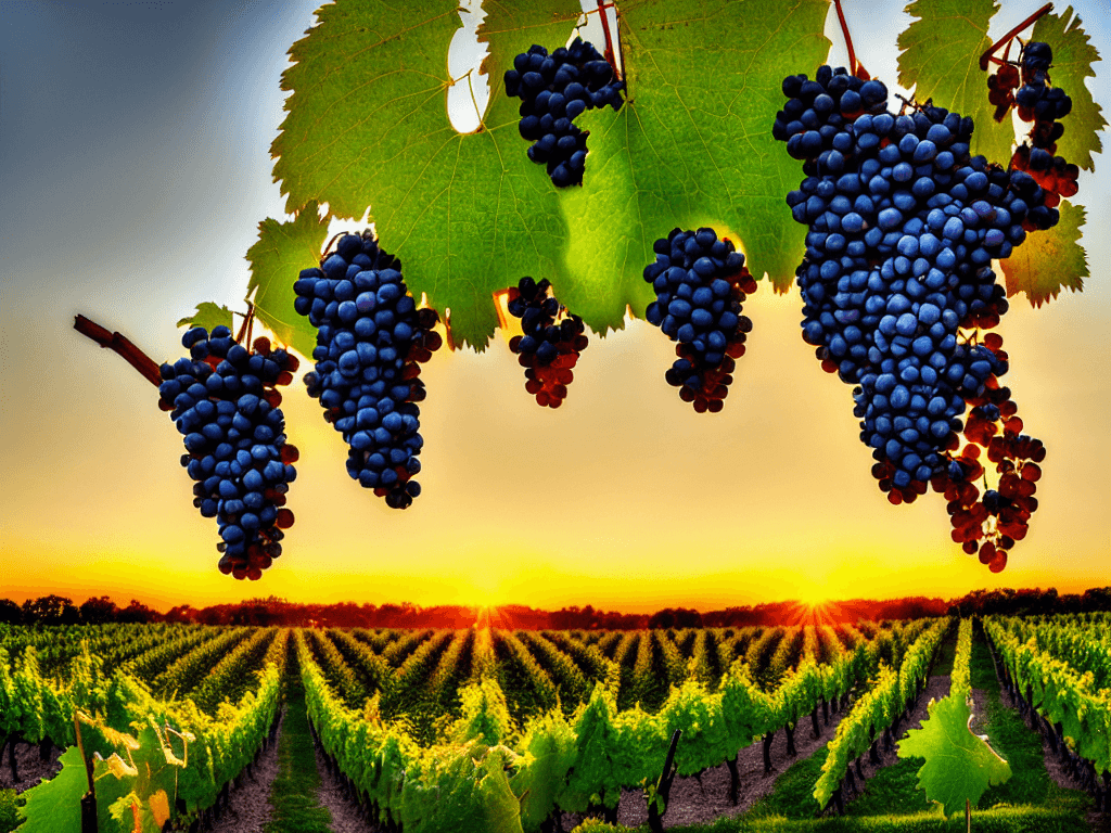AI generated: one big bunches of grapes are hanging from a vine in a vineyard at sunset grape field with skyline v...