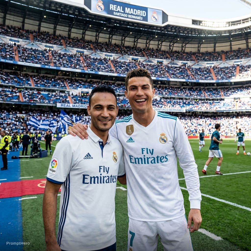 AI generated: Este chico y cristiano ronaldo en el bernabeu. Cambia por este hombre
