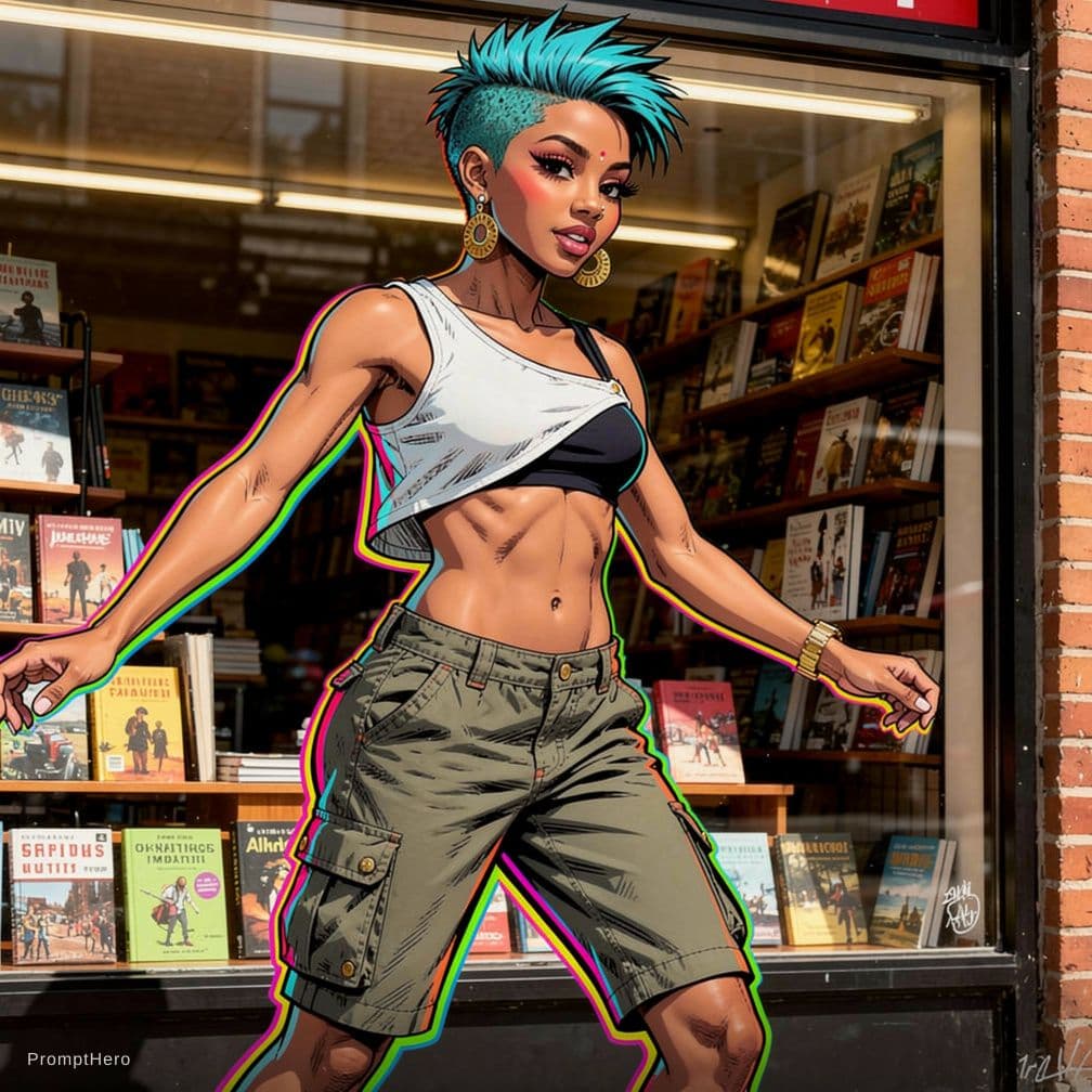 AI generated: Akan-Chokwe female playful dancer 24-year-old with short spiky cerulean hair, asymmetric crop top, c...