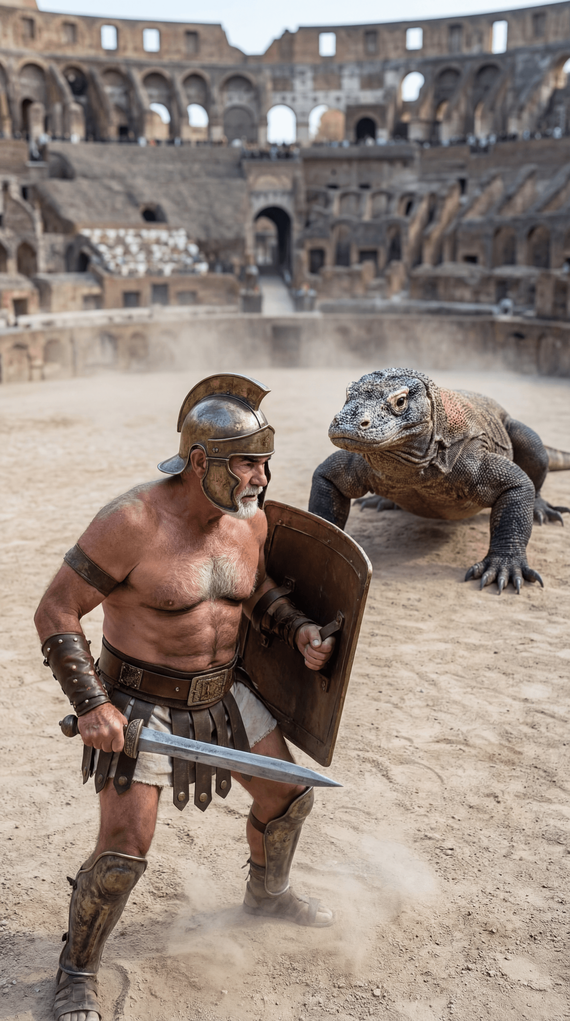 AI generated: Ultra-realistic documentary-style photography inside the Roman Colosseum.
CAMERA ANGLE: high-angle f...