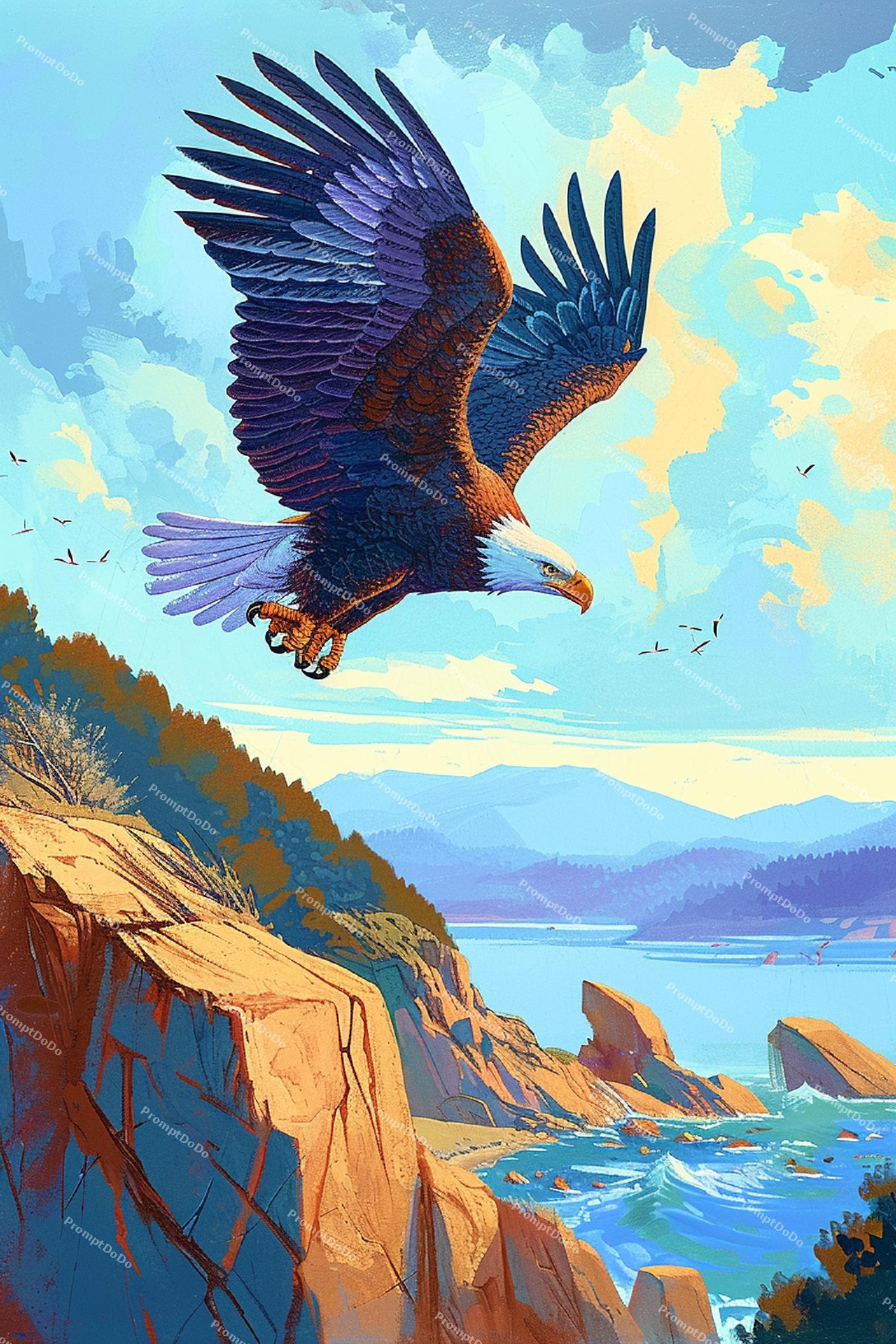 AI generated: Fearless eagle, soaring through the sky, with majestic wings and piercing gaze, by Pixar Animation S...