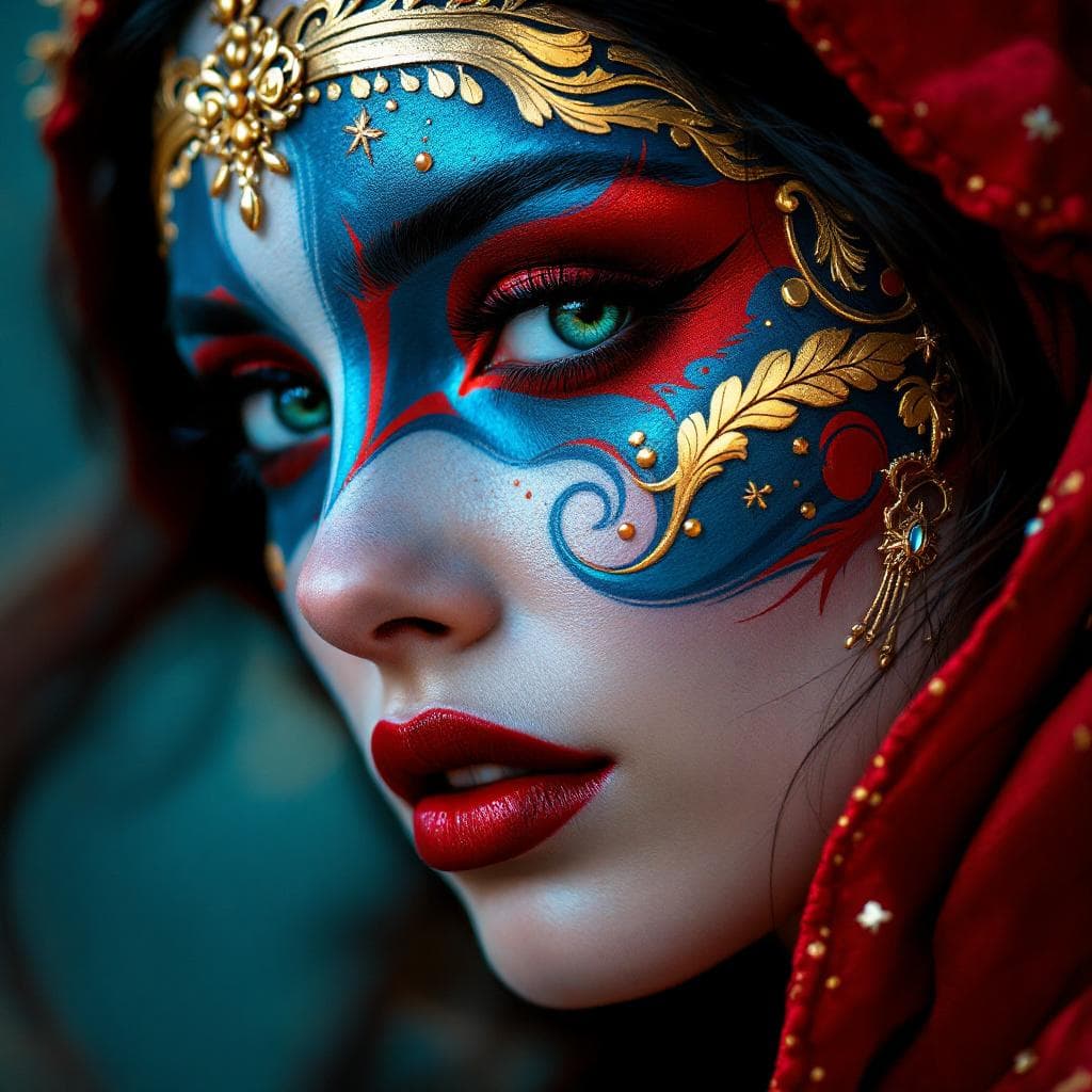 AI generated: beautiful red, blue and gold makeup on a woman, in the style of venetian scenes, hyperrealistic scul...