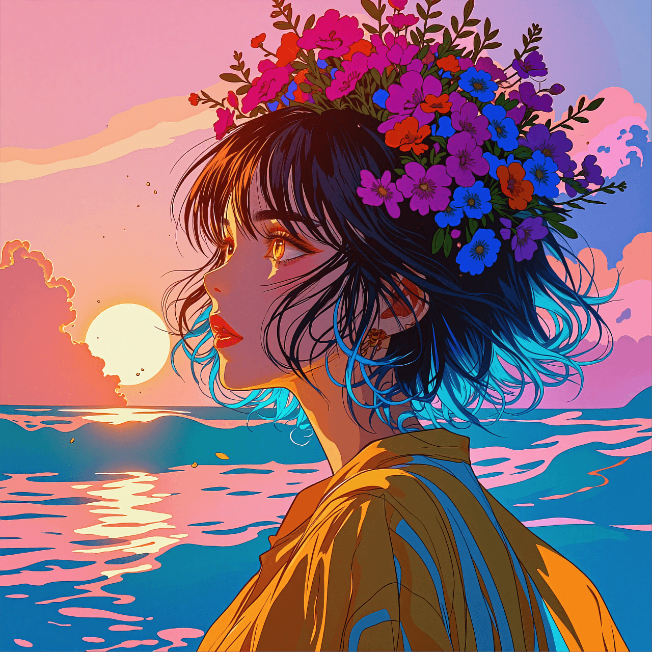AI generated: A vertical, vibrant anime illustration of a beautiful girl in profile view, looking to the left towa...