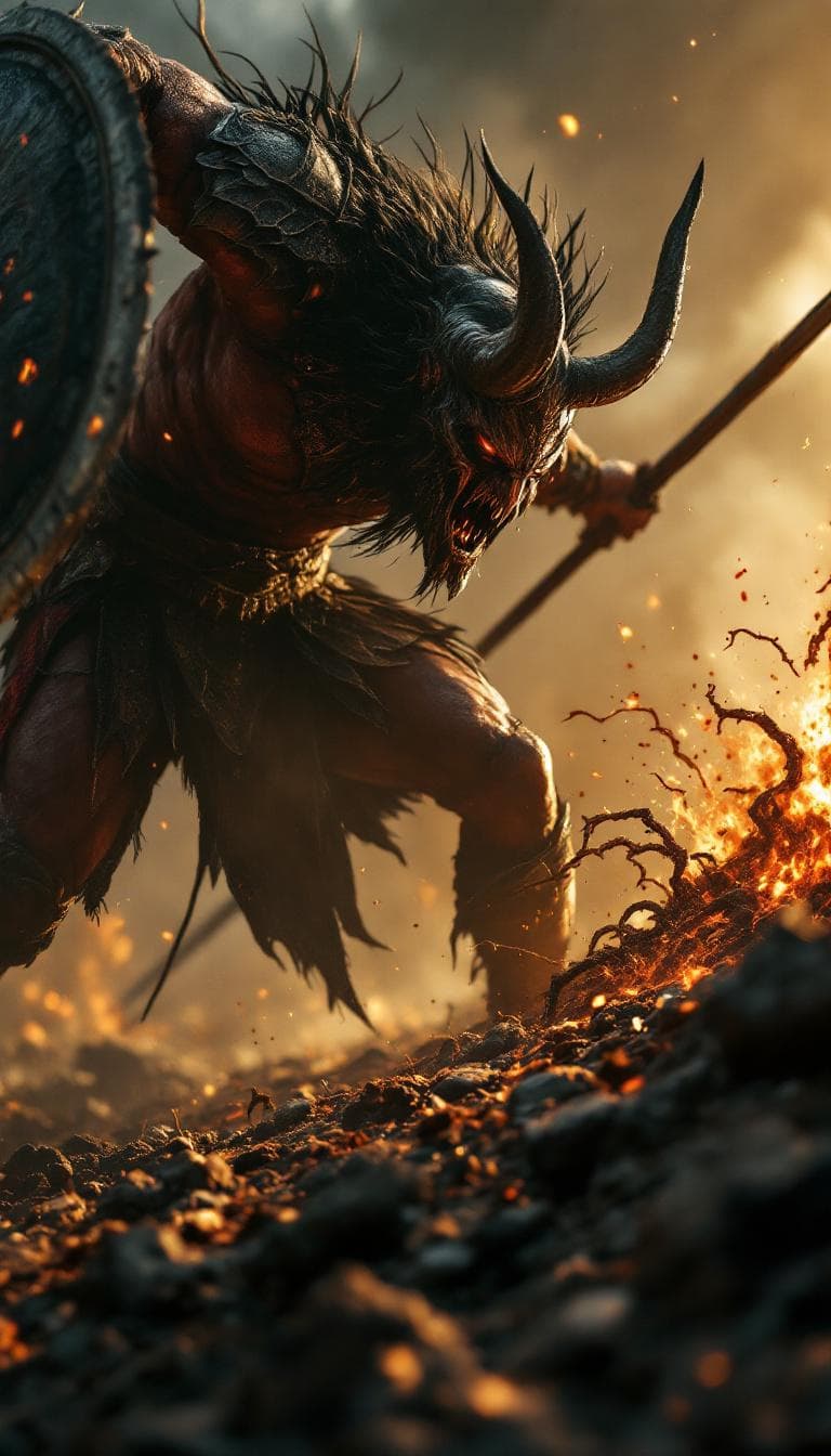 AI generated: realistic spartan warrior in an attacking pose, thrusting a spear downward towards a demon coming up...