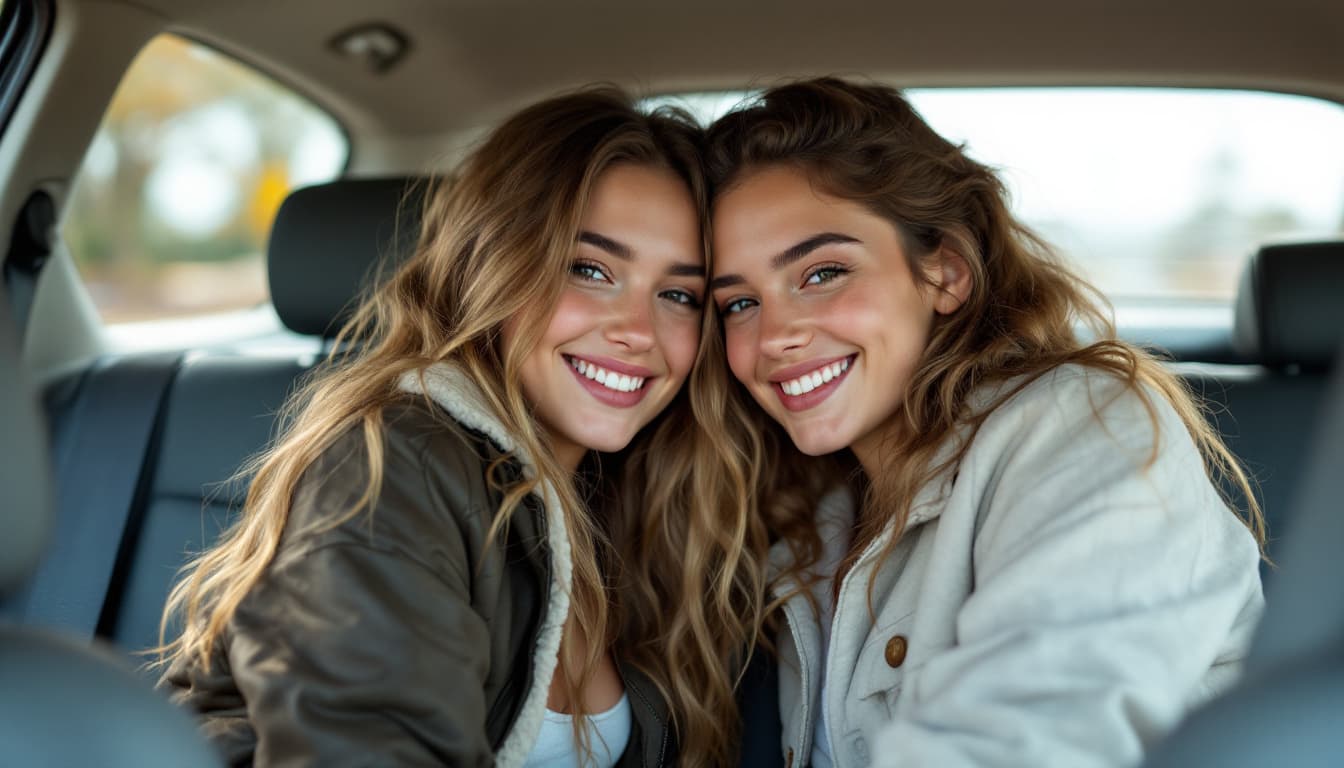 AI generated: Two very pretty Caucasian girls are cuddling in the backseat of a car