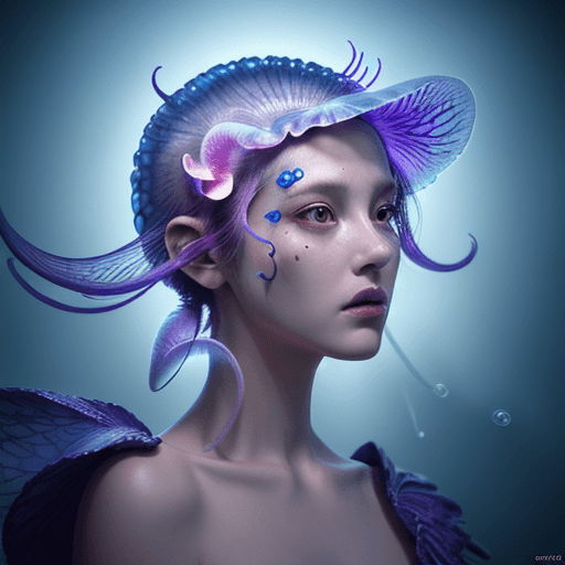AI generated: Goddess close-up portrait ribcagel. jellyfish phoenix head, nautilus, orchid, skull, betta fish, bio...