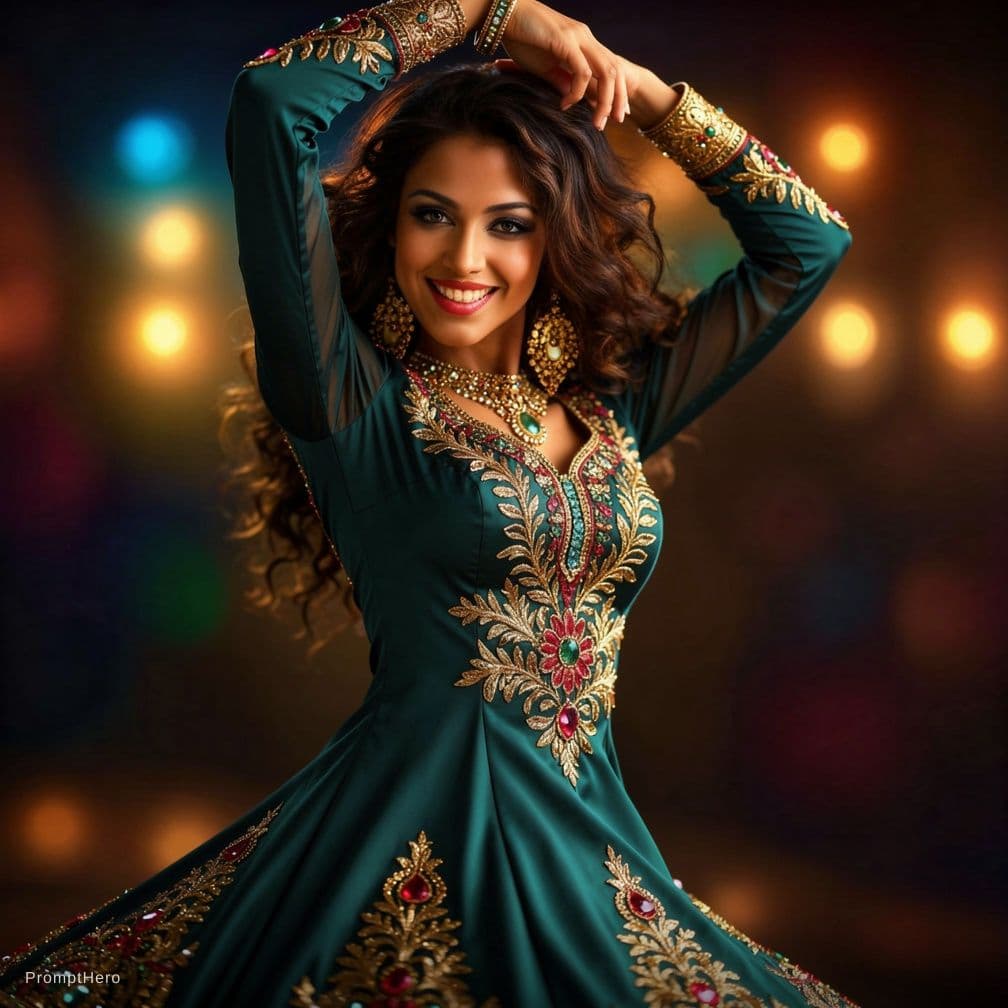 AI generated: A very beautiful Arabic belly dancer, dancing, hdr, highly detailed against dark background, hyperre...