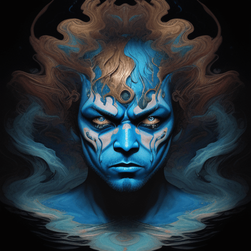 AI generated: blue demon face emerging from digitally creative psychedelic collage, in the style of sam guay, colo...