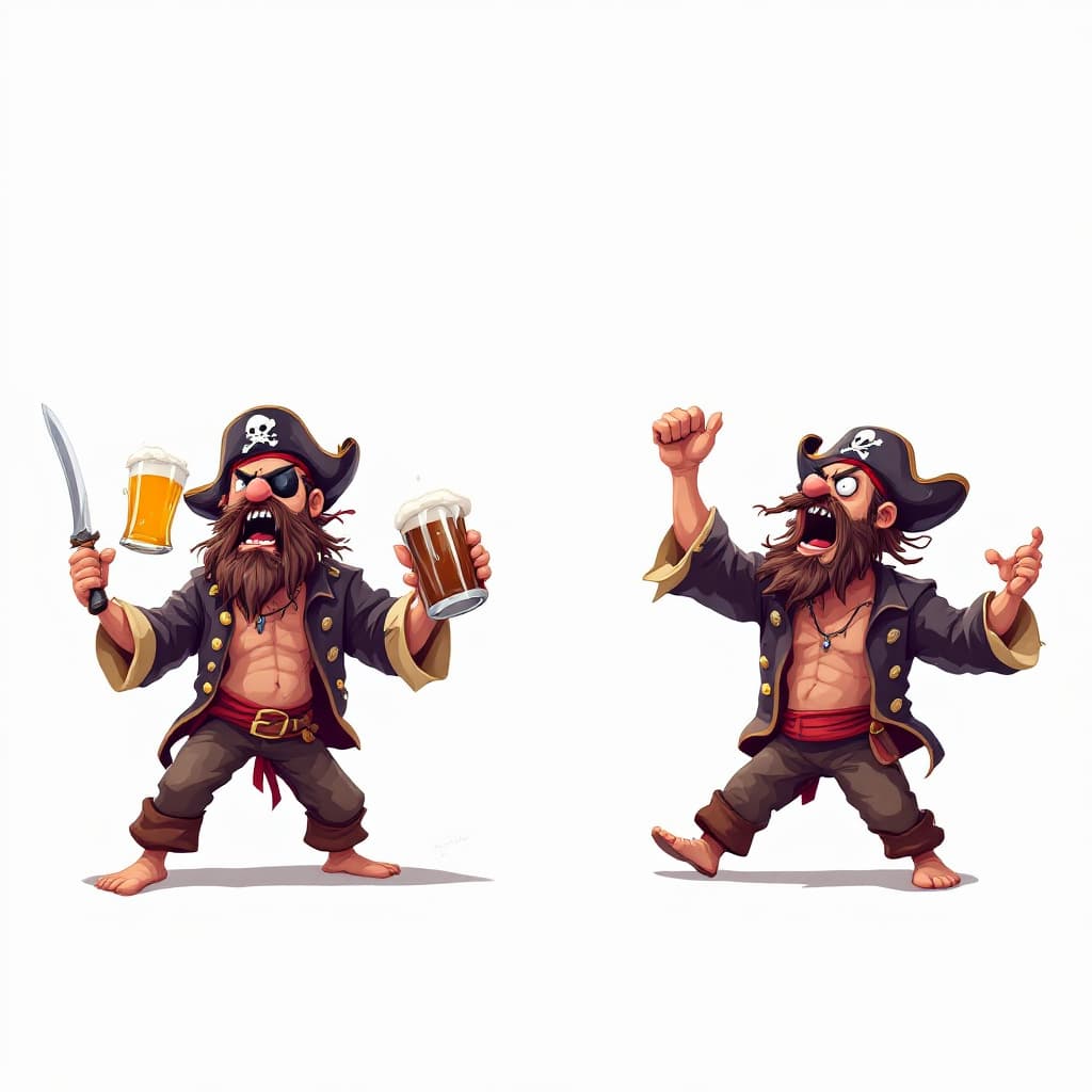 AI generated: Generate a serie of 4 images of a pirate swimming, drinking beer, shouting and dancing