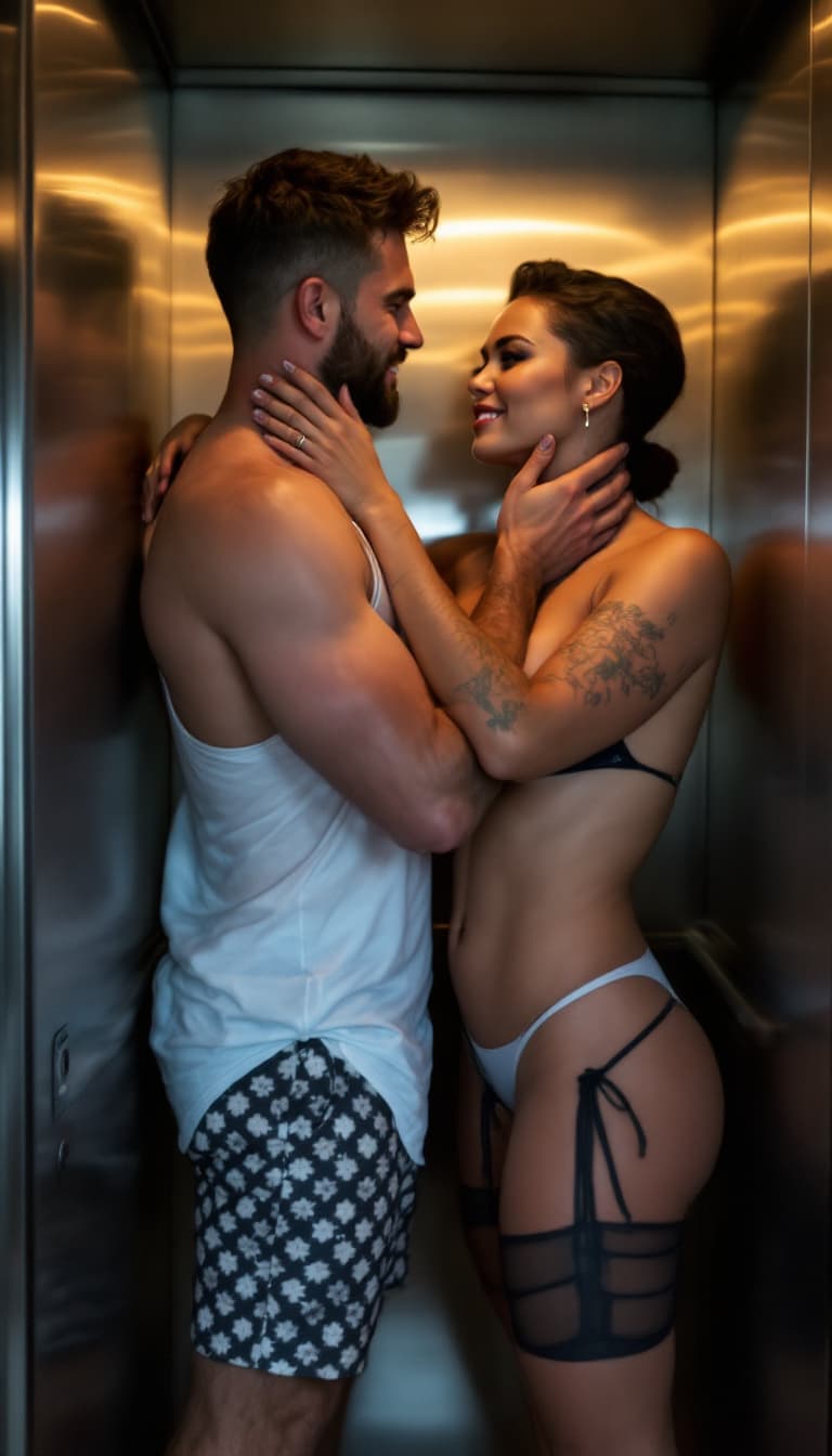 AI generated: a woman and a man meeting in an elevator, very close but shy. she with a bathing suit. and the one w...