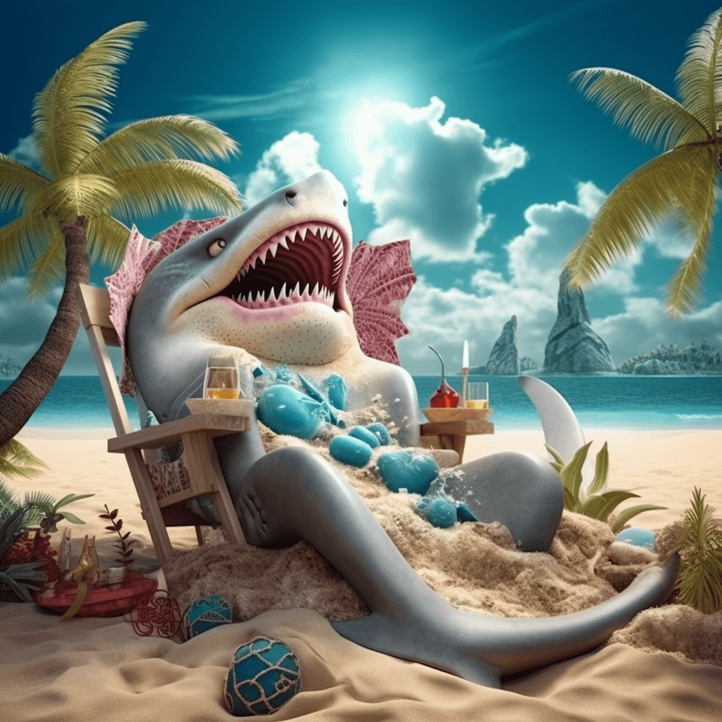 AI generated: island beach scene: a shark on a lounge chair, 4 fish at a beachside bar served by an octopus barten...