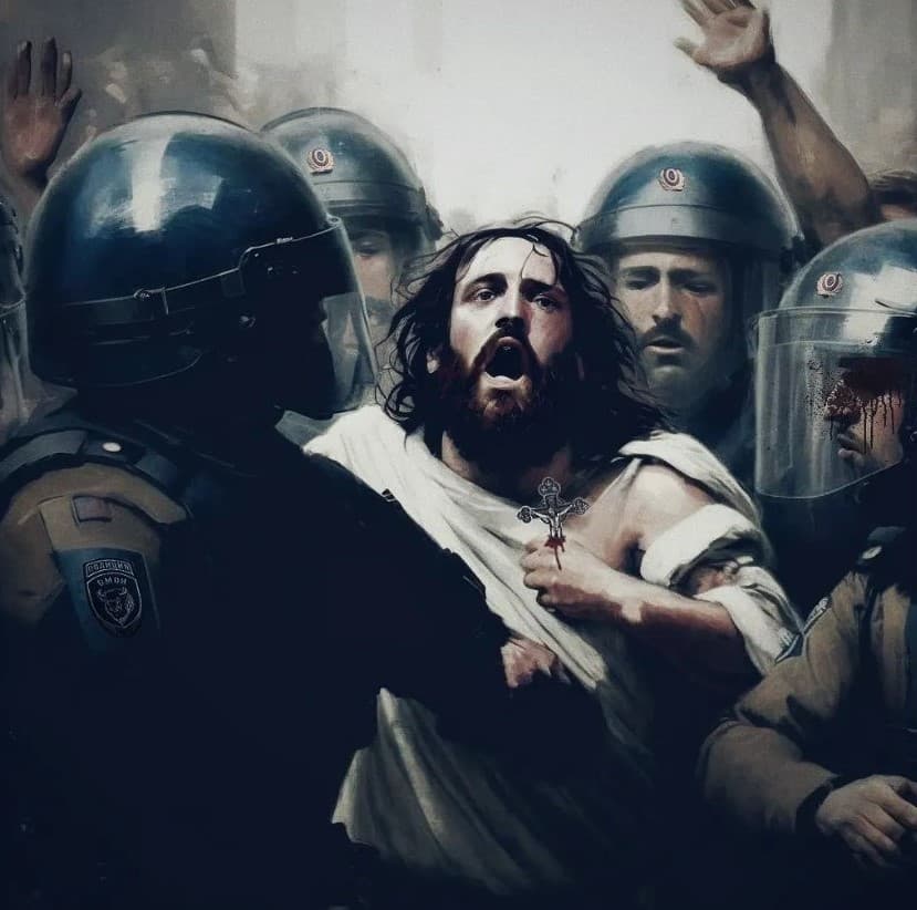 AI generated: Jesus fighting with police, by annie leibovitz
