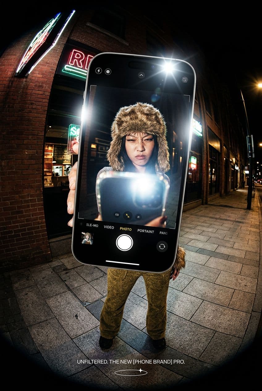 AI generated: urban restaurant exterior at night, harsh direct flash photography, gritty candid street scene

a pe...