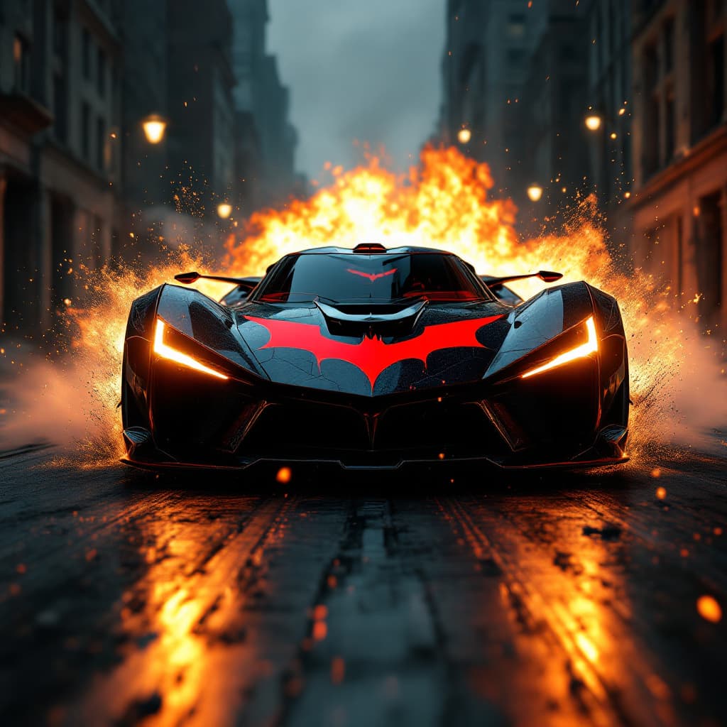 AI generated: front view of super sleek sports car version of the batmobile with a bright red bat logo on the hood...