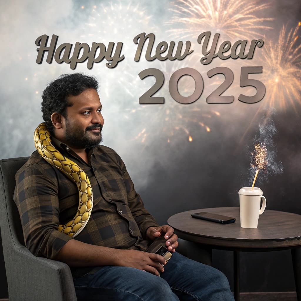 AI generated: 3D portrait image of a South Indian man sitting on a chair looking directly into the viewer's eyes. ...