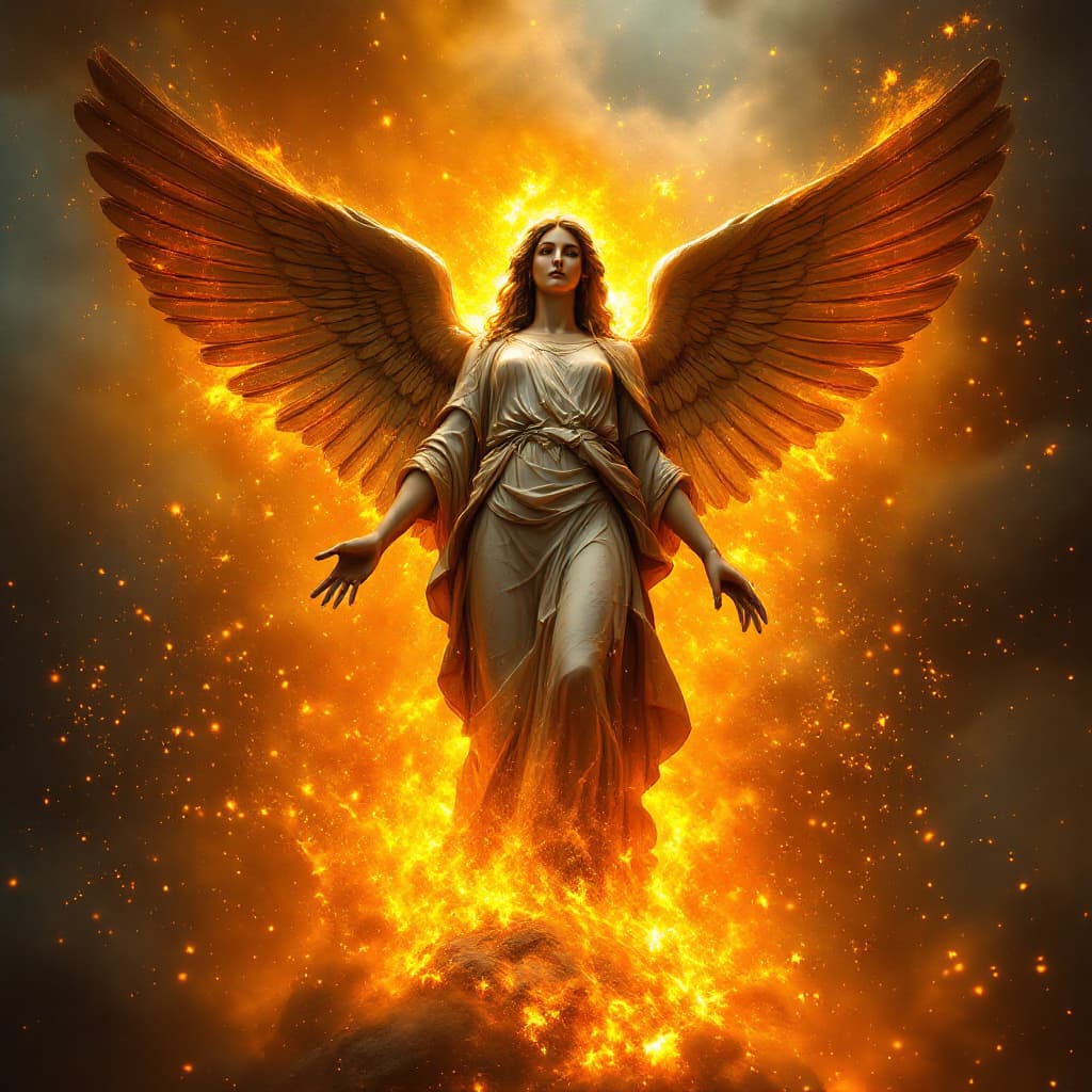 AI generated: stands amidst a vibrant explosion of orange and yellow flames. The angel holds an olive wreath and h...